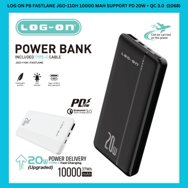 LOG ON PB FASTLANE JGO-110H 10000 MAH SUPPORT PD 20W + QC 3.0 (1068)