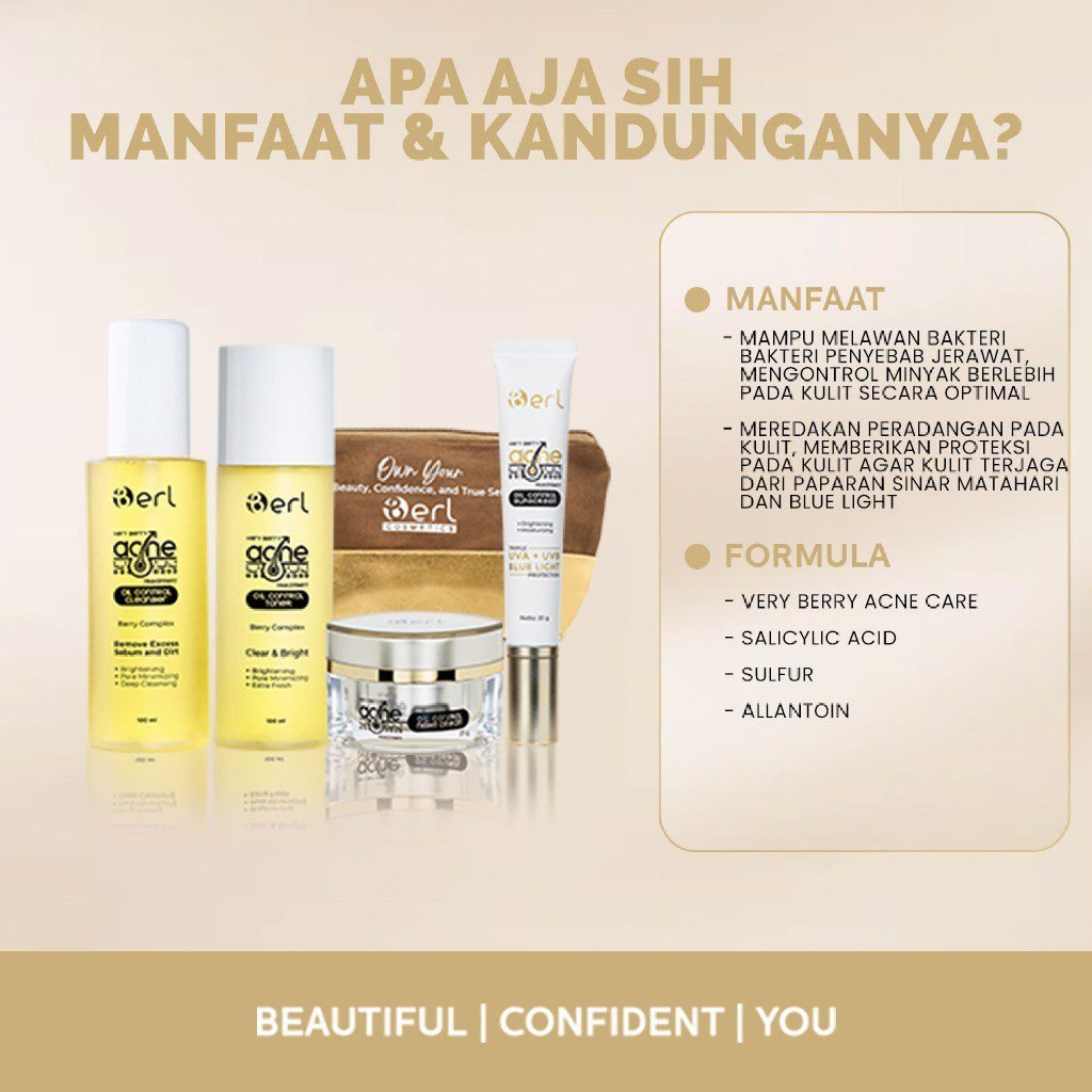 B Erl Paket Perawatan Wajah Wanita Cleanser Toner Sunscreen Night Cream Mengurangi Kulit Berminyak Berjerawat BPOM - Gambar 2