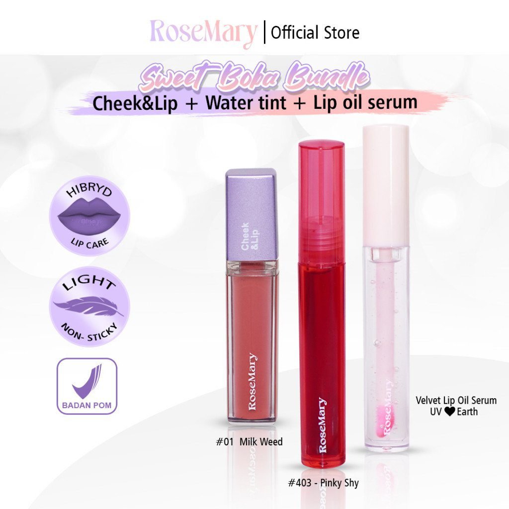 Rosemary Sweet Boba Bundle 3 Pcs dalam Lip Cream Cheek and Lip GLOW Water Tint Oil Serum Blush On Eye Shadow TAHAN LAMA DAILY FORMAL LOOK