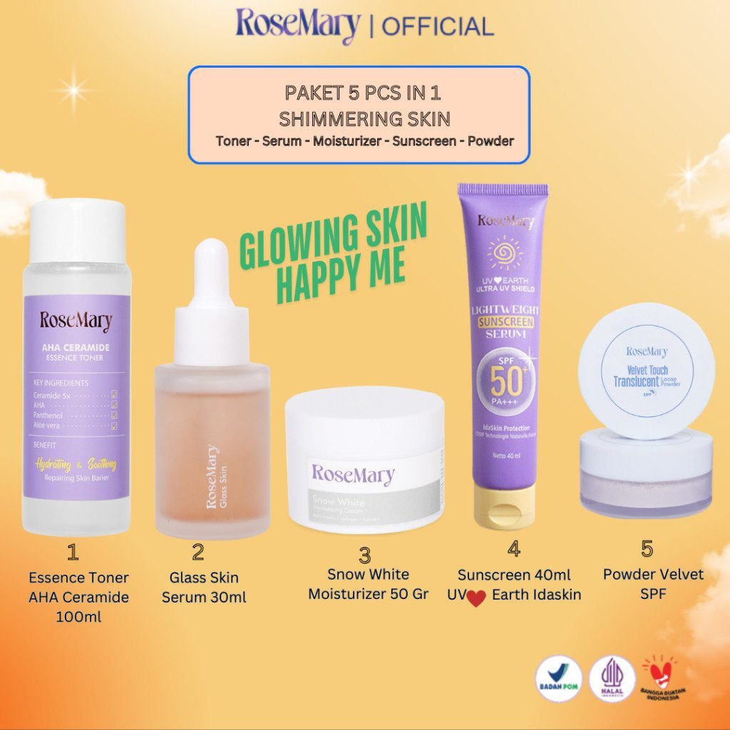 ROSEMARY- 5 Pcs Paket-Skincare Glowing Bundle Serum Moisturizer Gel Toner Sunscreen Powder Cream ACNE Bruntusan Brightening Kusam Radang Merah Minyak Komedo Regenerasi Halus Fresh Sleeping Mask Noda Hitam - Gambar 9