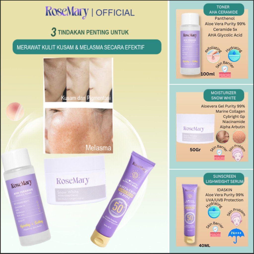 ROSEMARY-3pcs Paket-Skincare Set UV FRIENDLY Serum Moisturizer Gel Toner Sunscreen Day Night Cream BRIGHTENING Noda Hitam Barrier Lembut Acne Anti Aging Kulit Mati Minyak Gatal - Gambar 4
