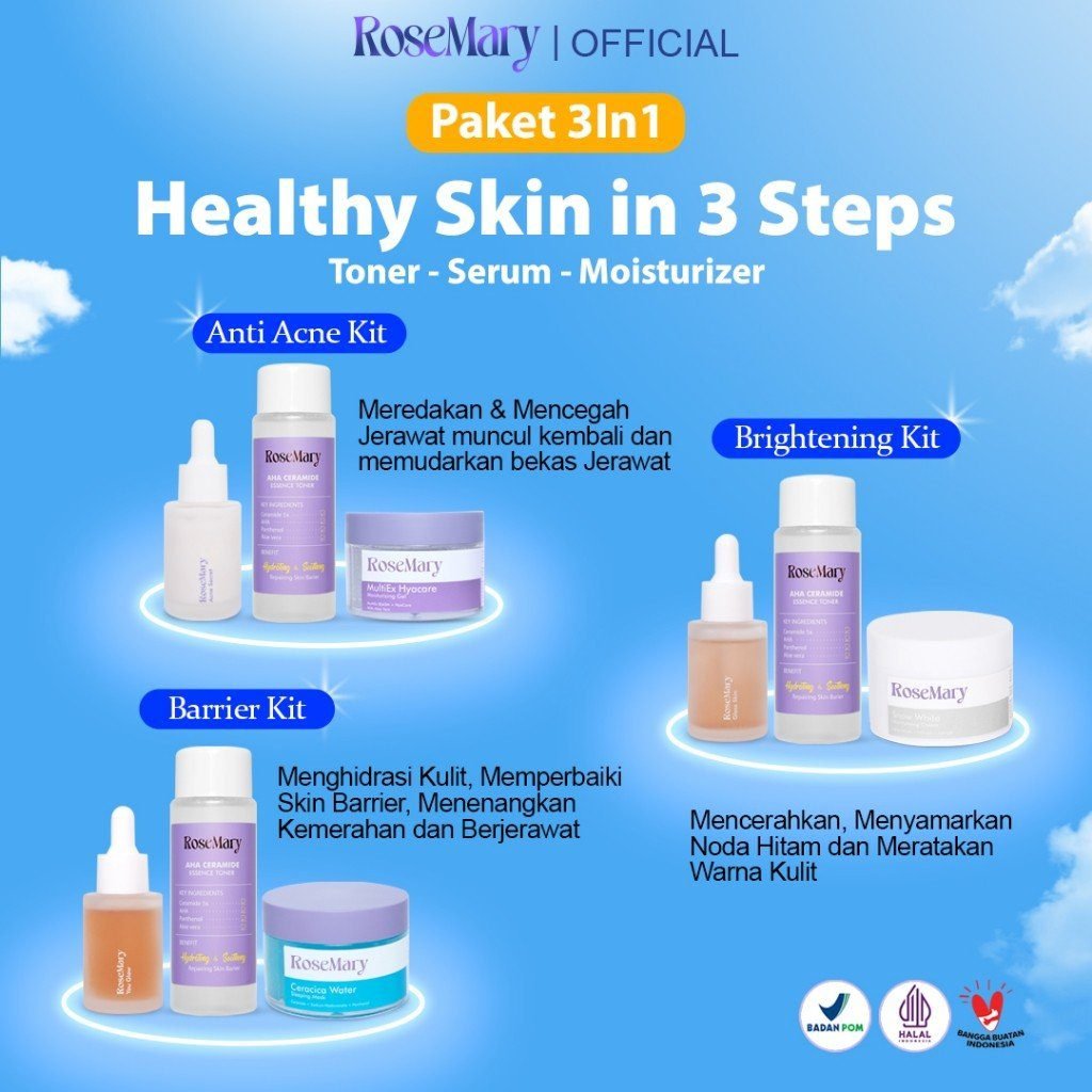 ROSEMARY-3pcs Paket-Skincare Set | Toner | Serum | Moisturizer | Paket Perawatan Wajah GEL CREAM Jerawat Kemerahan Noda Hitam Cerah Skin Barrier