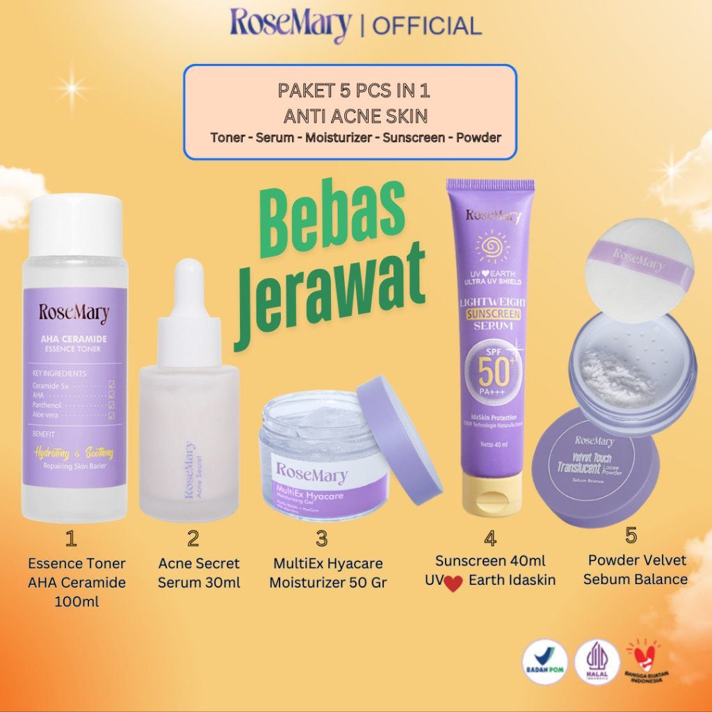 ROSEMARY- 5 Pcs Paket-Skincare Glowing Bundle Serum Moisturizer Gel Toner Sunscreen Powder Cream ACNE Bruntusan Brightening Kusam Radang Merah Minyak Komedo Regenerasi Halus Fresh Sleeping Mask Noda Hitam - Gambar 7