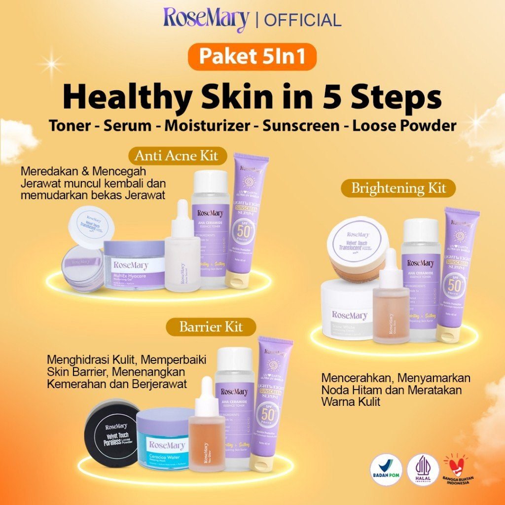 ROSEMARY- 5 Pcs Paket-Skincare Glowing Bundle Serum Moisturizer Gel Toner Sunscreen Powder Cream ACNE Bruntusan Brightening Kusam Radang Merah Minyak Komedo Regenerasi Halus Fresh Sleeping Mask Noda Hitam