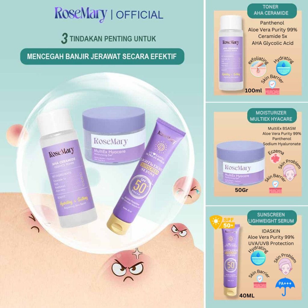 ROSEMARY-3pcs Paket-Skincare Set UV FRIENDLY Serum Moisturizer Gel Toner Sunscreen Day Night Cream BRIGHTENING Noda Hitam Barrier Lembut Acne Anti Aging Kulit Mati Minyak Gatal