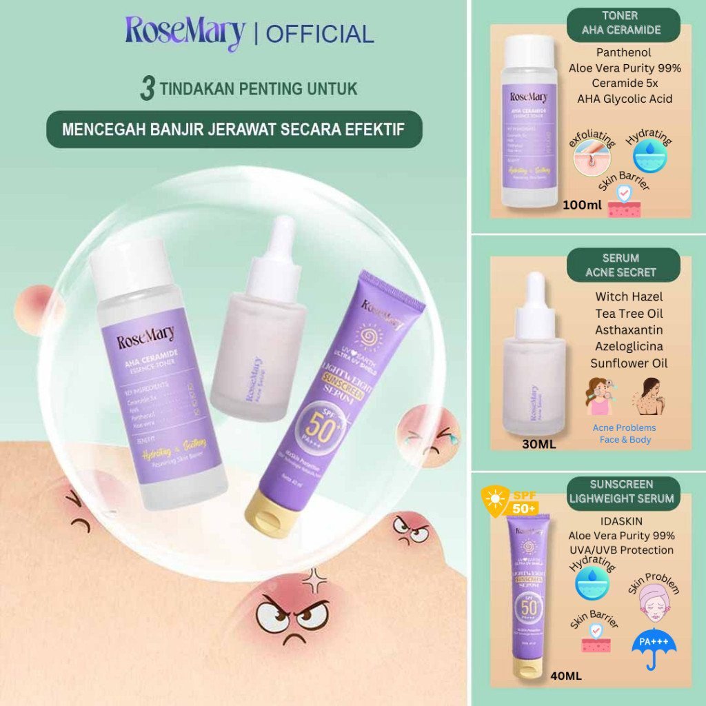 ROSEMARY-3pcs Paket-Skincare Set UV FRIENDLY Serum Moisturizer Gel Toner Sunscreen Day Night Cream BRIGHTENING Noda Hitam Barrier Lembut Acne Anti Aging Kulit Mati Minyak Gatal - Gambar 2