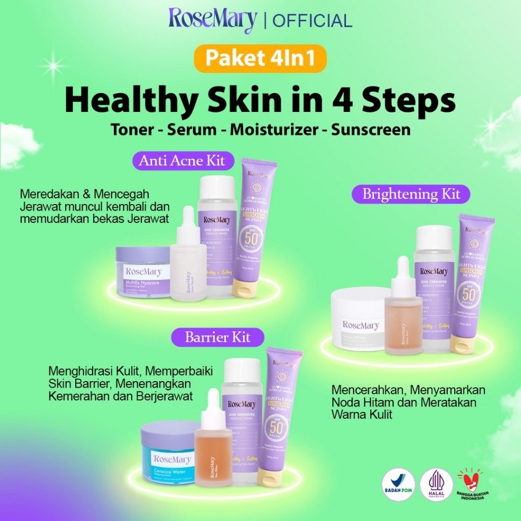 ROSEMARY- 4 Pcs Paket-Skincare Glowing Bundle Serum Moisturizer Gel Toner Sunscreen Cream Wajah ESSENCE CERAH BEBAS JERAWAT MINYAK SENSITIF KOMEDO IRITASI MERAH KUSAM NODA HITAM GLASS