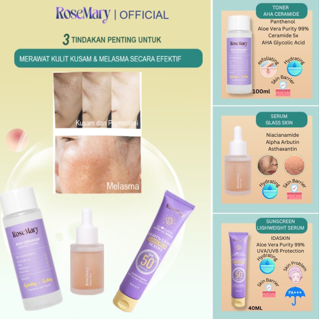 ROSEMARY-3pcs Paket-Skincare Set UV FRIENDLY Serum Moisturizer Gel Toner Sunscreen Day Night Cream BRIGHTENING Noda Hitam Barrier Lembut Acne Anti Aging Kulit Mati Minyak Gatal - Gambar 5