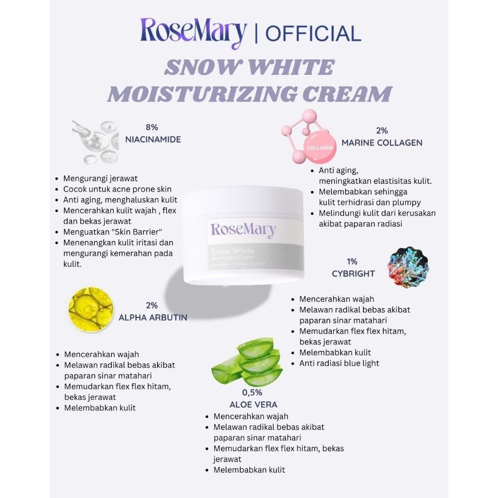 Rosemary Snow White Moisturizing Cream Mencerahkan Melembabkan Atasi Bekas Jerawat Flek Hitam - Gambar 2