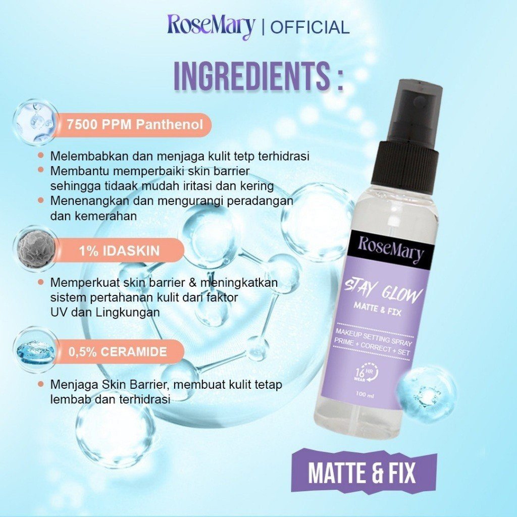 ROSEMARY Stay Glow Matte & Fix MakeUp Setting Spray 100 ML Prime+Correct+Set | Setting Spray | Face Mist - Gambar 2