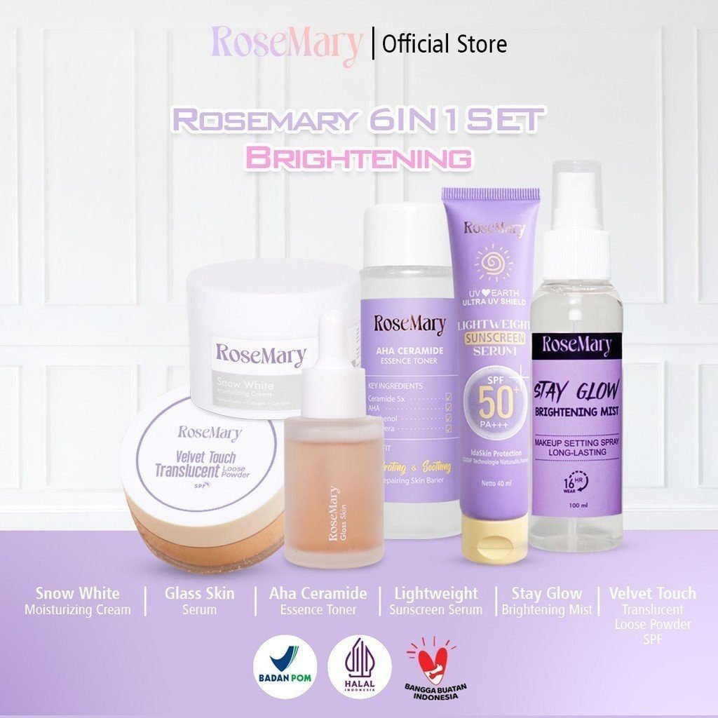 RoseMary 6in1 Skincare Set ACNE BRIGHTENING BARRIER - Toner Serum Moisturizer Sunscreen Powder Spray MAKE UP CEGAH JERAWAT CERAH KULIT GLOWING ANTI AGING REGENERASI TONE UP MASKER - Gambar 3