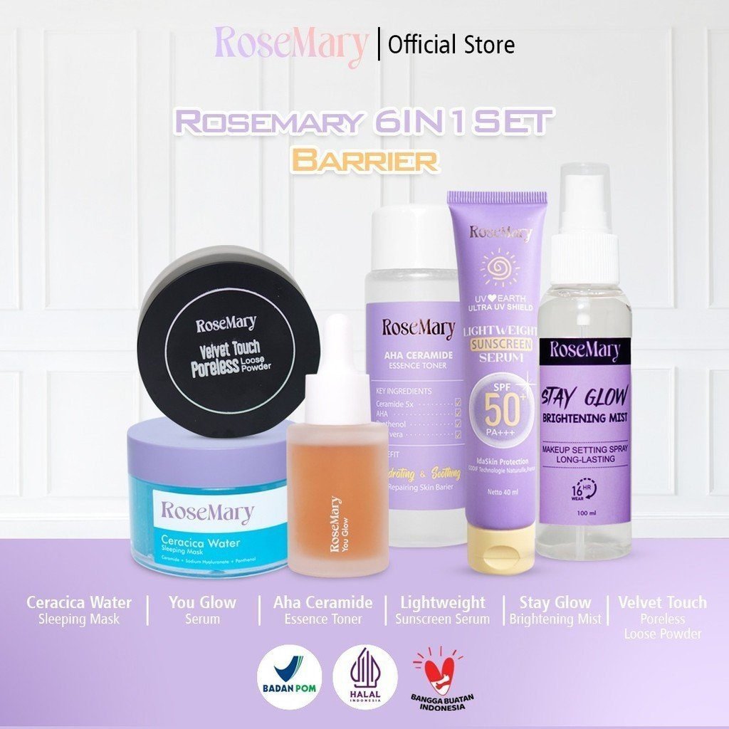 RoseMary 6in1 Skincare Set ACNE BRIGHTENING BARRIER - Toner Serum Moisturizer Sunscreen Powder Spray MAKE UP CEGAH JERAWAT CERAH KULIT GLOWING ANTI AGING REGENERASI TONE UP MASKER - Gambar 2