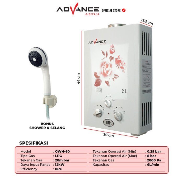 Water Heater Gas Advance GWH-60 Pemanas Air Kamar Mandi Bonus Selang - Gambar 6