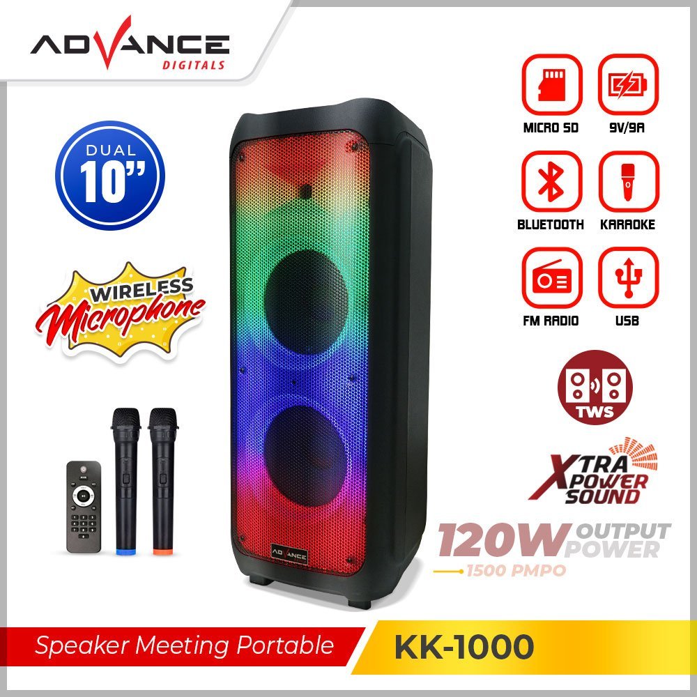 Advance KK-1000 / KK1000 Speaker Portable Karaoke 10"inch Double Lampu Disco X-Bass Gratis 2 Mic wireless - Gambar 4