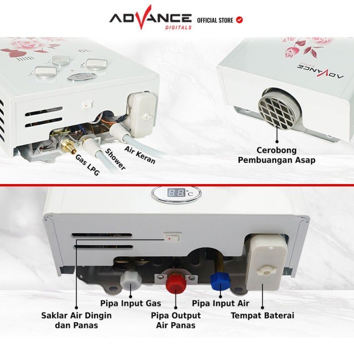Water Heater Gas Advance GWH-60 Pemanas Air Kamar Mandi Bonus Selang - Gambar 4