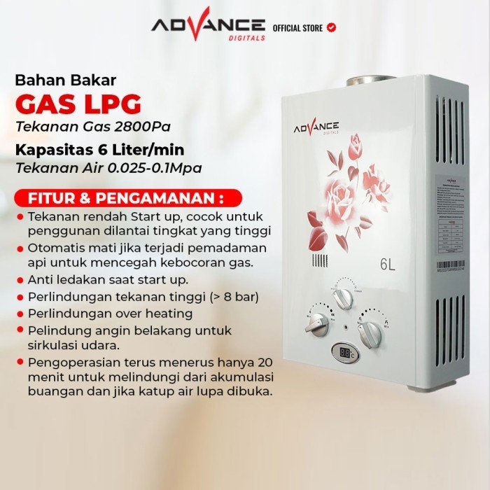 Water Heater Gas Advance GWH-60 Pemanas Air Kamar Mandi Bonus Selang - Gambar 2