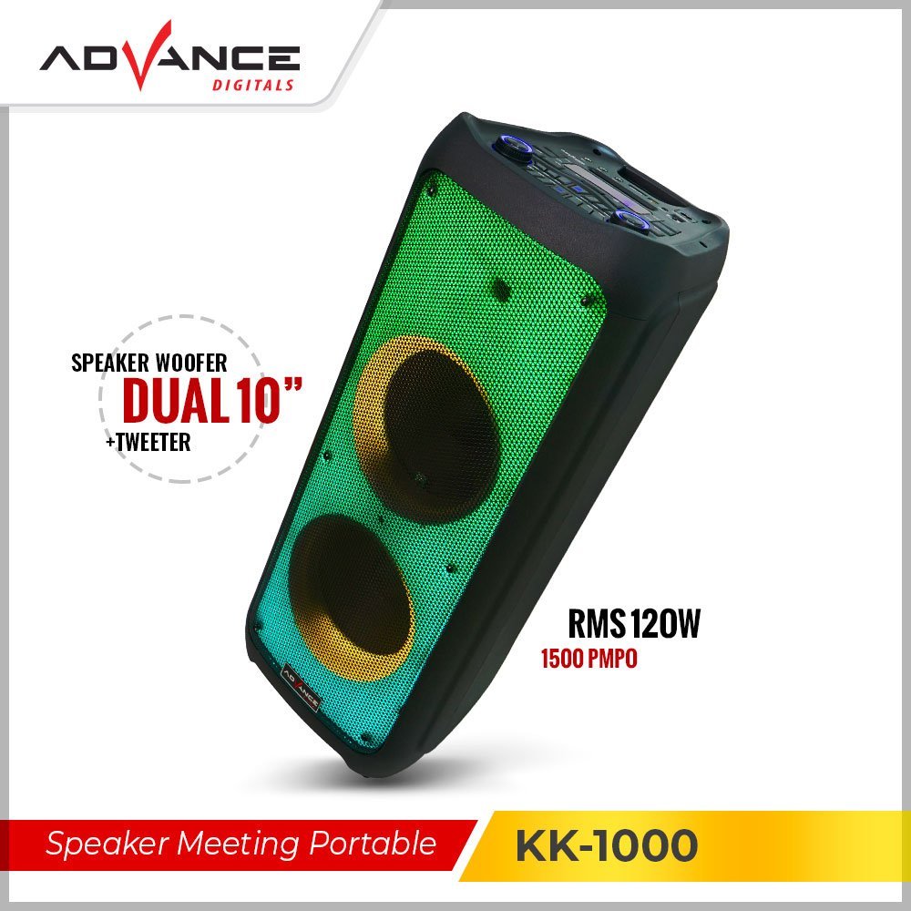 Advance KK-1000 / KK1000 Speaker Portable Karaoke 10"inch Double Lampu Disco X-Bass Gratis 2 Mic wireless - Gambar 7