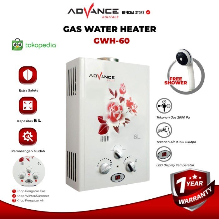 Water Heater Gas Advance GWH-60 Pemanas Air Kamar Mandi Bonus Selang