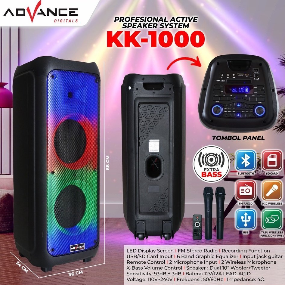 Advance KK-1000 / KK1000 Speaker Portable Karaoke 10"inch Double Lampu Disco X-Bass Gratis 2 Mic wireless
