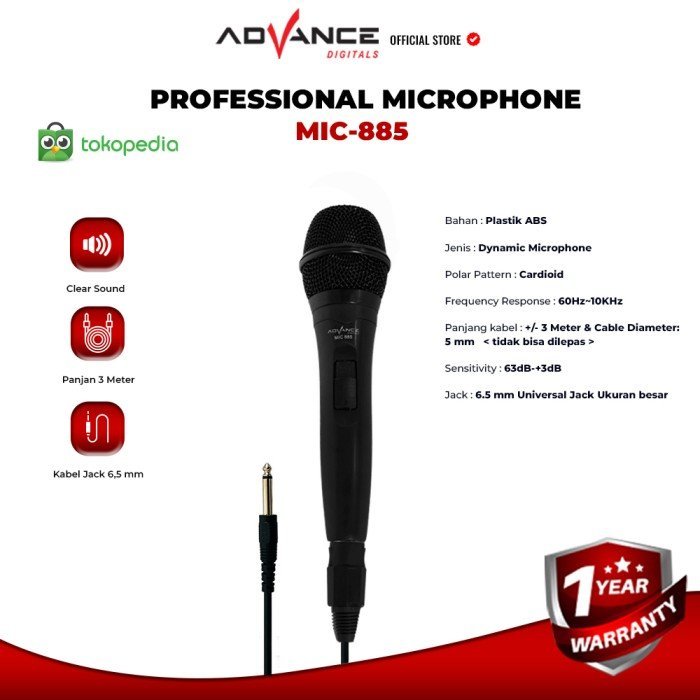 Advance MIC-885 Single Profesional Dynamic Microphone Speaker Kabel