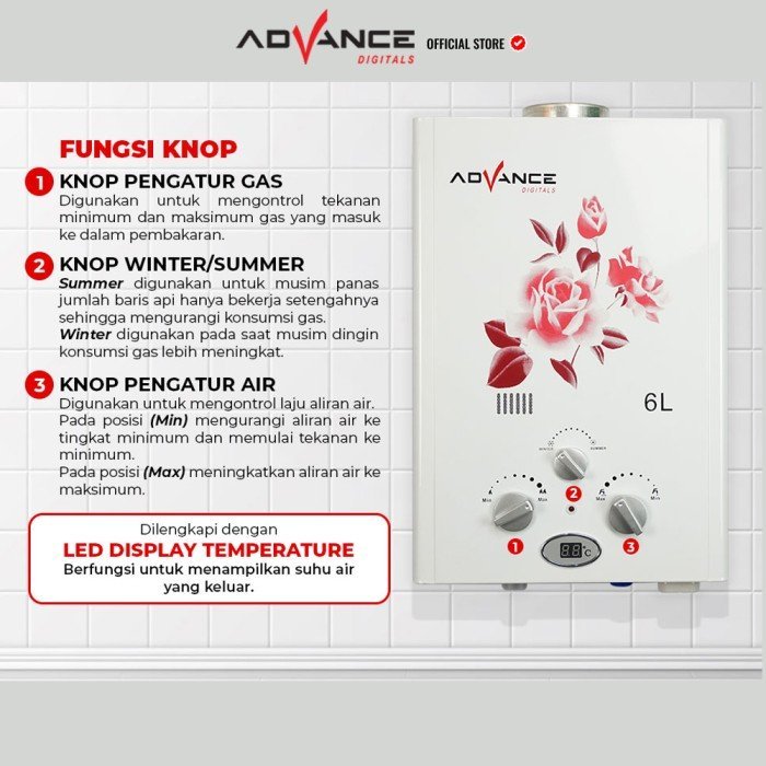 Water Heater Gas Advance GWH-60 Pemanas Air Kamar Mandi Bonus Selang - Gambar 3