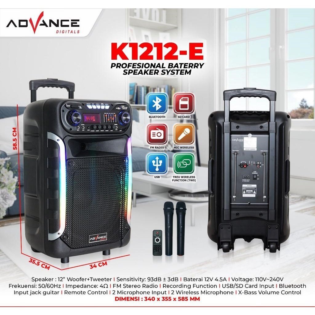 Speaker Portable Meeting Advance K-1212E 12" Free 2 Mic Wireless | Garansi Resmi