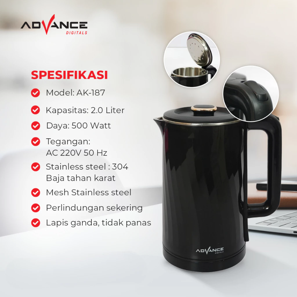 KETEL / TEKO LISTRIK ADVANCE AK-187 KAPASITAS 2 LITER STAINLESS STEEL GARANSI 1 TAHUN - Gambar 3