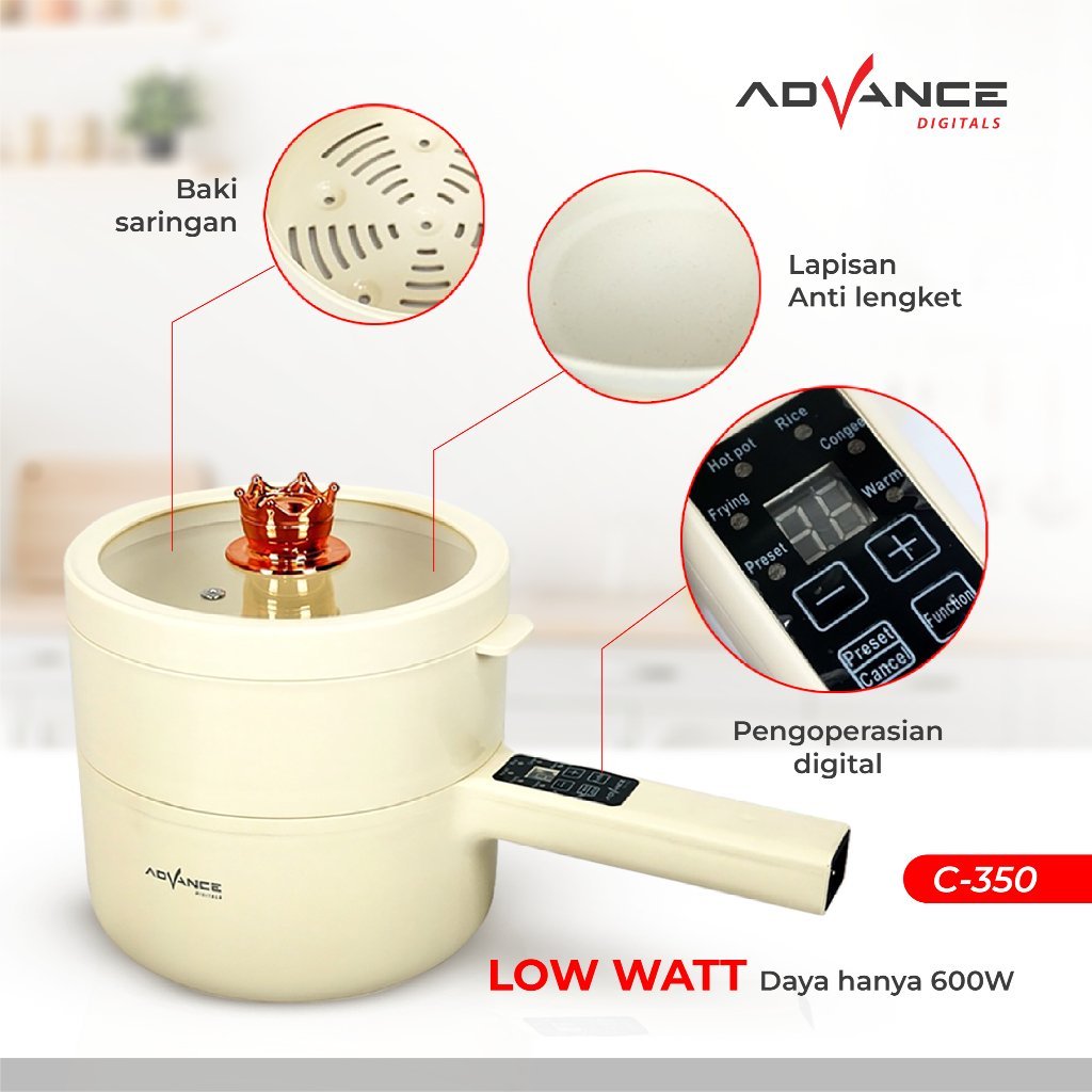 Advance Panci Listrik C-350 / C350 Elektrik Pot Multifungsi Warmer Steamer Cooker Bisa Menggoreng Merebus 600W - Gambar 8