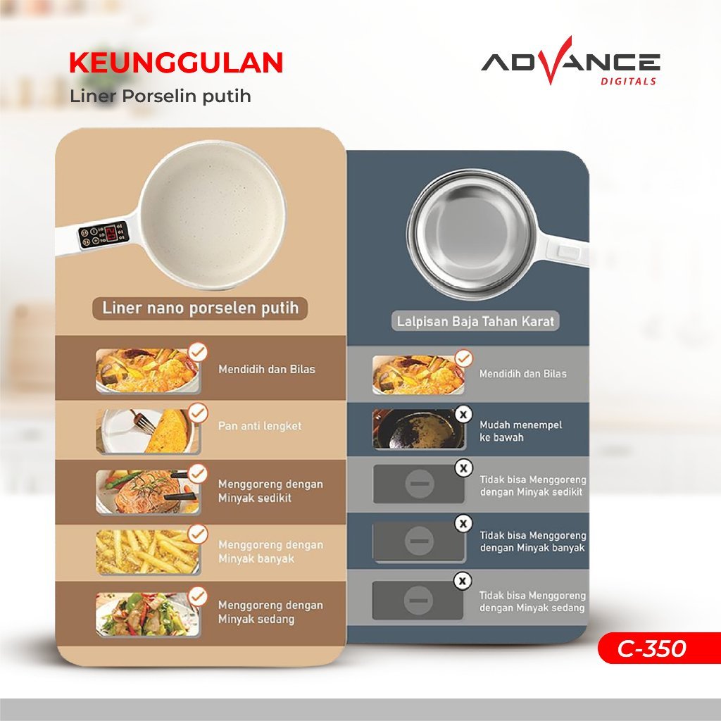 Advance Panci Listrik C-350 / C350 Elektrik Pot Multifungsi Warmer Steamer Cooker Bisa Menggoreng Merebus 600W - Gambar 9