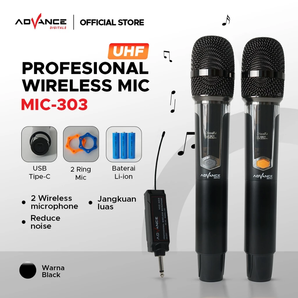 Advance MIC-303 Dual Professional Microphone Wireless Reduce Noice Jack 6,5mm Garansi Resmi 1 Tahun