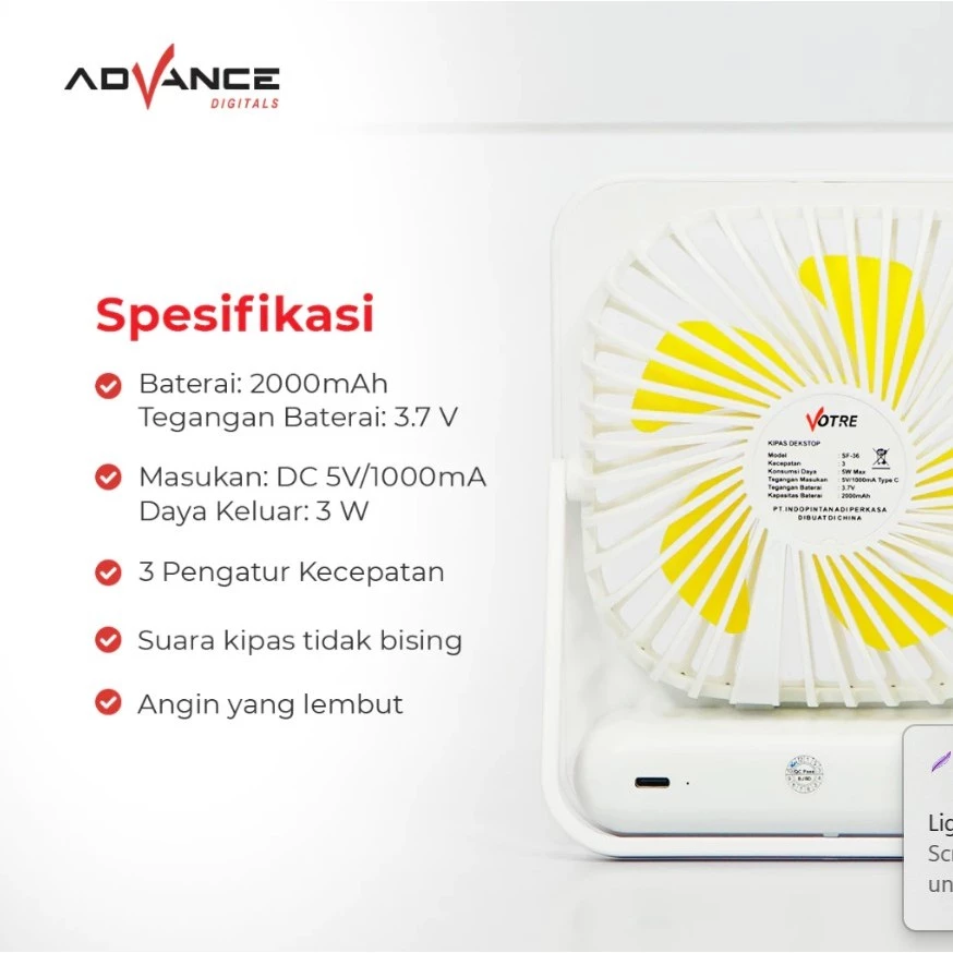 VOTRE SF-36 Advance Kipas Angin Portable Mini Kipas Garansi 1 Tahun - Gambar 5