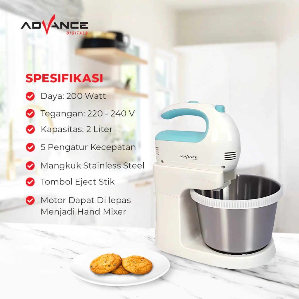 Advance MX-333 Stand Mixer 2in1 200 Watt 2 Liter FREE 2 Pengocok dan Pengaduk 5 Kecepatan Garansi Resmi 1 Tahun - Gambar 3