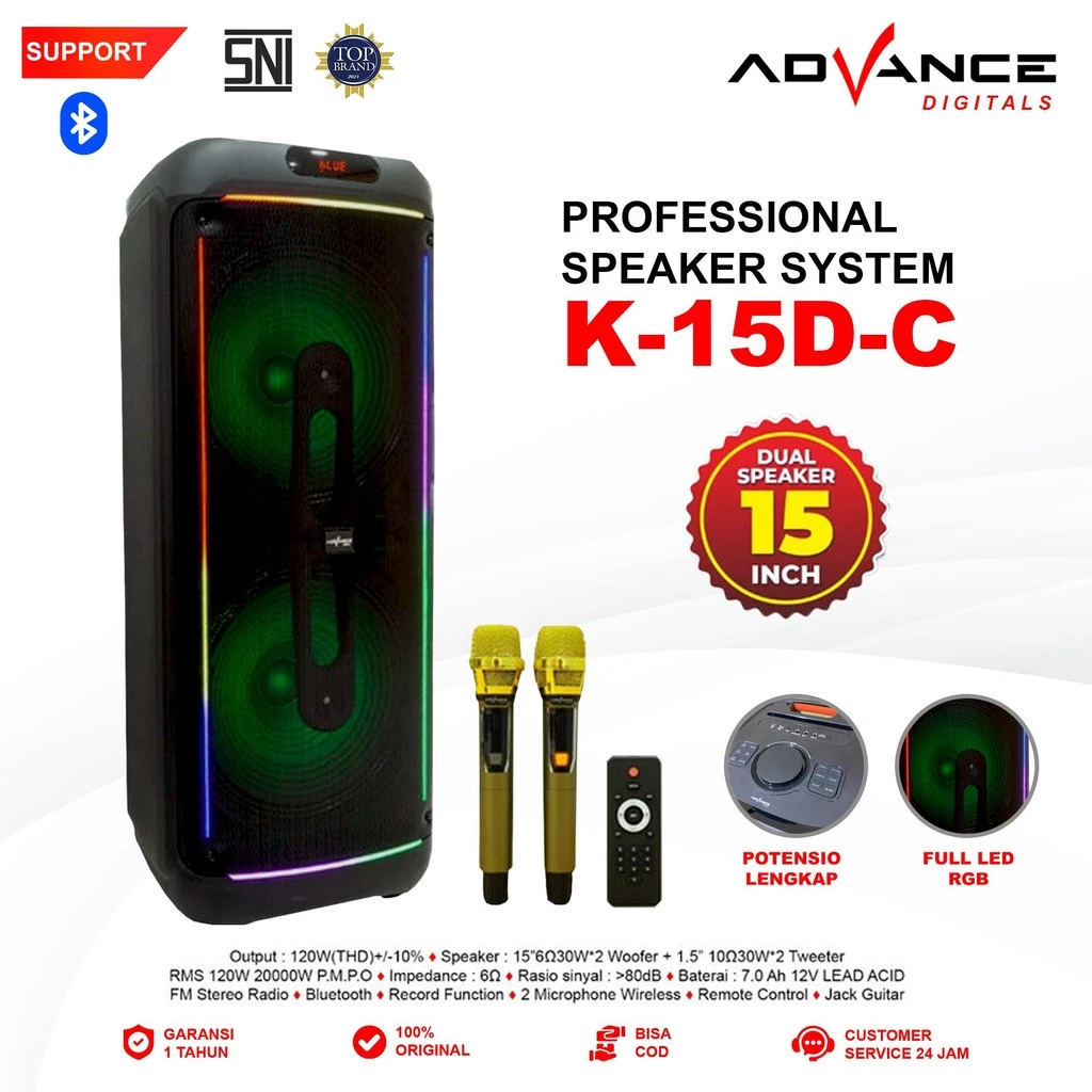 Advance K15D-C Speaker Professional Battery System 15" Double 2 Mic Wireless Input Gitar Baterai 7000 mAh - Gambar 2