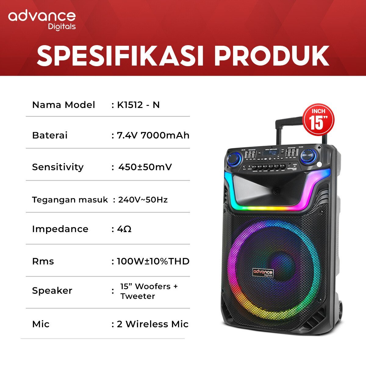 Advance Speaker Bluetooth K1512-N Portable Wireless Speaker Bass Kuat - Gambar 8